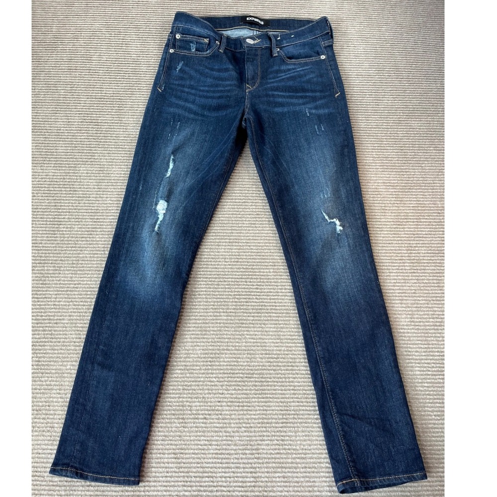Express Super Skinny Mid Rise Distressed Dark Wash Jeans Womens Size 6R 29x28